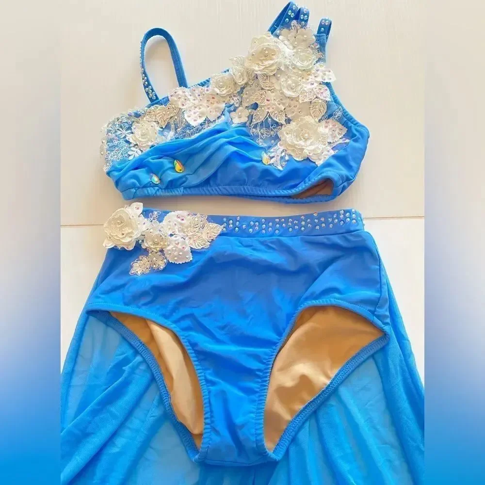 Glamour Lyrical Dance Costume Blue Mesh Skirt Floral Rhinestone SA-Small adult